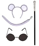 jokeshop Set di 4 topolini ciechi grigi (orecchie grigie, coda, occhiali neri e bastone) accessori per adulti con fascia per animali per topi ciechi