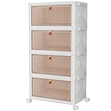 PurKeep Scatole Plastica con Coperchio - 23L*4 Contenitore con Coperchio, Scatole Portaoggetti con Porte e Ruote, Pieghevole Cassettiera in Plastica, bianco, 4 confezioni