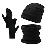BSITSSS Nero Set Sciarpa e Cappello Uomo Donna, Elastico Set Guanti Cappello e Sciarpa, Inverno Berretto + Moda Scaldacollo + Guanti per Touchscreen, Classico Set di Guanti per Cappello