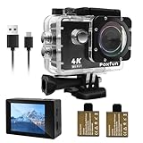 Poxfun Action Cam 4K, Impermeabile Action Camera 30M 170°Grande Angolo USB Ricaricabile, 2x1050mAh Batteria molto Adatto per Immersioni, Nuoto, Ciclismo, Arrampicata e Sci