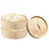 Pizsieat 2 Piani Vaporiera Bamboo, Cottura a Vapore in Bambù con Coperchio, Pentola a Vapore Bamboo, Cestello Cottura a Vapore Bambu per Riso, Dim Sum, Verdure, Pesce e Carne (20 x 20 x 18.5 cm)