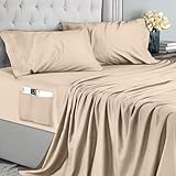 Utopia Bedding Set Lenzuola Matrimoniali 4 Pezzi 180x200 cm - Microfibra di Poliestere - Lenzuolo con Angoli con Tasche Portaoggetti, Lenzuolo Piatto e 2 Federe Ricamate, Beige
