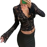 Loalirando Crop Top con Maniche Lunghe Shirt con Scollo V Trasparente Donna Top in Pizzo Floreale Maglietta Sexy Shirt Slim Fit Serata Top Elegante T Shirt Clubwear Sottile Casual (Nero, L)
