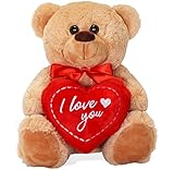 matches21 - Peluche a forma di orsacchiotto con cuori, motivo: "I Love You, colore: Marrone chiaro/beige, 25 cm