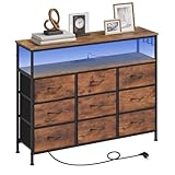 WOLTU Comò 9 Cassetti, Mobile Contenitore con Multipresa e Illuminazione LED, Cassetti in Tessuto, 3 Ganci Laterali, Struttura in Metallo, 110x30x83,5 cm, Marrone Rustico + Nero