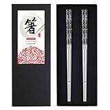 DONGDA 2 Paia Bacchette Set, Riutilizzabili in Acciaio Inox, Sushi Metallo Lavabili in Lavastoviglie Antiscivolo Chopsticks per Ristoranti Famiglie