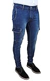 Evoga Jeans Uomo Cargo Blu Denim Pantaloni Tasche Slim Fit Skinny con tasconi Laterali (60, #A3 Blu Scuro)