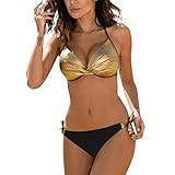 LOIJMK Super Push Up Bikini da donna bronzato, costume da bagno sexy in due pezzi, alla moda, a triangolo, elegante costume da bagno sportivo per donna, gold, L