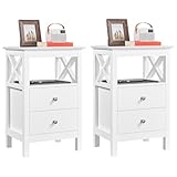 Yaheetech Set 2 Comodini da Camera da Letto Bianchi Comodino Moderno con 2 Cassetti e Ripiano Tavolino Lato da Divano in Legno Mobiletto da Notte Portaoggetti Stile Shabby Chic 40 x 30 x 60 cm