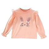Bimbo bambina a maniche lunghe, maglia in cotone con volant, top grafico coniglietto, camicetta casual bambini senza pancia, Colore: rosso, 3-4 Anni