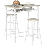 HOMCOM Set Bancone Bar con 2 Sgabelli Alti in Legno Stile Nordico, Tavolo Alto con Mensola e Sgabelli Cucina con Poggiapiedi, Bianco