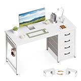 ODK Scrivania con 4 Cassetti in Tessuto, 120x48cm Tavolo per Computer con Gancio per Cuffie, Scrivania Ufficio Reversibile per Uffici e Postazioni di Lavoro, Bianco