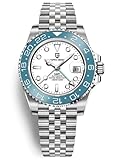 Pagani Design GMT Orologio da Uomo Orologio Meccanico Automatico Acciaio Inossidabile Impermeabile 100M, Data, Luminoso, Lunetta in Ceramica, Vetro Zaffiro Orologi da Polso (Jubilee Blu Bianco)