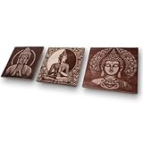 grabewood Set di 3 Quadri Buddha in Legno Intagliato | Decorazione da Parete Spirituale e Zen | Arte Orientale, Etnica e Feng Shui | Quadri Decorativi con Supporto da Appendere per Soggiorno o Camera