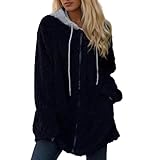 Generisch Giacca lunga da donna in pile Teddy – Morbido cappotto di peluche con cerniera e tasche | Giacca in pile oversize per l'inverno, Stil_l01 Nero, XL