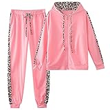 amropi Donna Tuta Sportiva Set Leopardato Maniche Lunghe Felpa con Cappuccio e Jogging Pantaloni (Rosa, M)