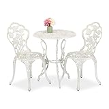 Relaxdays Set da Bistrot da 3, Tavolino da Giardino, 2 Sedie, Balcone, Stile Ferro Battuto, in Alluminio, Bianco Bronzo, 69 x 60 cm
