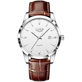LIGE Orologio Vintage Uomo Elegante Analogico Quarzo Classico Wrist Watches For Men Impermeabile In Vera Pelle Pointer Luminoso Business Orologio Da Polso Uomo Con Data,Argento Bianco