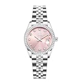 SHENGKE Donna cristallo accentato con banda in lega d'acciaio solido orologio Elegante vestito orologi al quarzo calendario per le donne (Argento-rosa)
