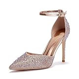 Zhabtuc Scarpe con Tacco Alto 10 cm da Donna, Eleganti Décolleté con Strass Scintillanti, Cinturino alla Caviglia, Strass Oro Rosa, 40 EU