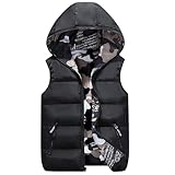Gilet per ragazzi e bambini, gilet invernale con cappuccio, imbottito, mimetico, reversibile, senza maniche, per ragazzi leggeri, 98, Nero , 12-14 Anni