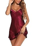 Litherday Camicia da Notte Donna in Raso Sexy Babydoll con Scollo a V e Spalline Regolabili Sottoveste Elegante Vestaglia Estiva Intimo Lingerie Donna Cremisi M