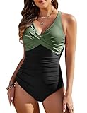 heekpek Costume da Bagno Donna Intero Curvy Scollo a V Push Up Imbottito Costumi da Bagno Vita Alta Incrocio Frontale Costumi Donna Mare Swimsuit, Verde Nero, S