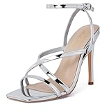 Zhabtuc Sandali con tacco alto e punta aperta da donna alla moda, cinturino alla caviglia, tacco a spillo, 11 cm, design sexy per matrimoni e feste, Argento, 40.5 EU