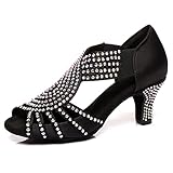 HIPPOSEUS Scarpe da Ballo Latino Americano Donna con Strass Tacco 6 cm Nere per Salsa Bachata,37 EU