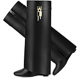 CDHYX Stivali da donna pieghevoli con zeppa e cerniera laterale, Nero, 41.5 EU