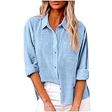Generico Camicia Donna Manica Lunga Estiva Camicie in Lino Cotone Elegante Blusa con Bottoni e Tasca Lavoro Casual Top Camicetta da Spiaggia Tinta Unita Classico
