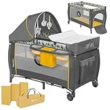 LIONELO Lettino da Viaggio SVEN con Materasso, Dalla nascita fino a 36 mesi, Lettino pieghevole con Fasciatoio, Baldacchino, Giocattoli Pendenti Ingresso laterale aggiuntivo LockGuard, Route con frene