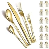 Berglander Set di posate in oro 60 pezzi per 12 in acciaio inossidabile con placcatura in titanio dorato, set di coltelli per cucchiai d'oro forchette per casa, matrimonio, ristorante