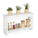 Relaxdays Mensola Scaffale da Parete con 3 Ganci, a 2 Piani, Stile Shabby Chic, Appendiabiti, Salvaspazio da Cucina, Bianco, Fibra di Legno, 40 x 66 x 20 cm