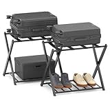 SOARS Portavaligie Pieghevole in Metallo 2 Pezzi 68 x 45 x 57 cm, Cavalletto Reggivaligie Multiuso con 2 Ripiani, Portabagagli Salvaspazio per Casa e Hotel Robusto, Portata 80 kg (Nero)