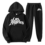 Bauzuoyo 2024 Los Angeles Y2K - Tuta da jogging da uomo, 2 pezzi, con cappuccio e pantaloni sportivi Streetwear Style Y2k, tuta sportiva in due pezzi, per uomo e donna, Nero , L