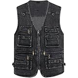 Gilet da uomo in denim multi-tasche per il tempo libero, lavoro, caccia, viaggi, pesca, Nero, 3XL