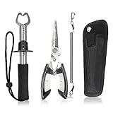 J&D Pesca Pinze e Pesce Labbra Gripper Imposta, Multifunzionale Inossidabile Acciaio Pesca Pinza Attrezzi Gancio Rimozione Strumento con Sicurezza Arrotolato con Fodera e Cordino, Nero