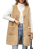 RITOSTA Gilet Pile Donna Lungo Smanicato Giacca Teddy Invernale Caldo Giubbotto Termica Cappotto Senza Maniche Elegante Gilet Pelliccia Lunga Parka Giacche con Tasca(Khaki,S)