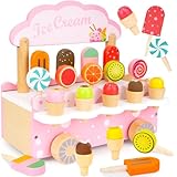 Gelateria Giocattolo per Bambini, Carrello dei Gelati Legno, Gelateria Giocattolo con Deposito, Gelateria Cucina Giocattolo Accessori, Montessori Giochi l'Apprendimento Precoce per Bambini 3 4 5 Anni
