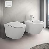Set Sanitari Vaso + Bidet Sospesi, Rimless, Colore Bianco, Design Moderno, Completo di Copriwater con Chiusura Soft-Close