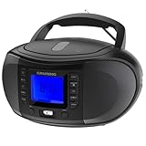 GRUNDIG GRB 3500 Radio Boombox portatile con Bluetooth, lettore CD integrato, porta USB 2.0, jack per cuffie da 3,5 mm, ricevitore FM con sintonizzazione frequenza PLL, 30 stazioni di memoria, nero