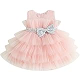 Vestito Neonata Cerimonia Elegante Principessa Estiva Senza Maniche Con Fiocco in Tulle a Rete e Pailettes - Abito Battesimo Bambina (Rosa Chiaro, 1-2 Years)