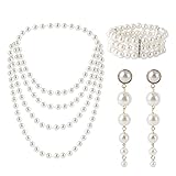 AWAVM Set di perle finte, orecchini lunghi pendenti, braccialetto elasticizzato a 3 file, collana di perle del 1920, set per feste, balli, matrimoni, festival (3 pezzi), Plastica, Perla