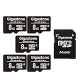 Gigastone Scheda di memoria da 8 GB, confezione da 5 schede, ad alta velocità di lettura fino a 80 MB/s. Ideale per portatile Full HD Video, U1 C10 Scheda Micro SDHC UHS-I con 2 mini custodie e 1