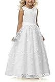 Aibaowedding Chic Abito lungo da comunione per bambini, in tulle ricamato con cintura in raso/boho a linea A, per damigelle d'onore, per ragazze 2-12 anni, bianco, 10 anni