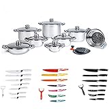 A.M.C. Set batteria di pentole e tegami in acciaio inox 18/10, tradizionale e induzione kit 18 pz con omaggio set coltelli in ceramica antibatterici da 8 pz, fondo con triplo strato incapsulato