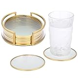 JUXYES Set di 8 sottobicchieri rotondi in vetro con supporto, sottobicchieri in ottone dorato per bevande, set di sottobicchieri in vetro moderno per ristoranti, cucina, bar, tavolo da pranzo