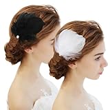 MWOOT 4 Pezzi Fermagli Capelli Piume Bianche e Nere, Copricapo Piume Cigno Bianco Accessori Capelli Balletto Donne Ragazze, Pezzo Capelli Perla Costume Carnevale, Sposa Matrimonio Festa Cosplay