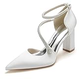 Scarpe con Tacco Donna a Punta da Donna Tacco Largo Décolleté da Sposa a Punta Chiusa Scarpe da Sposa Raso Sandali er Matrimoni Feste da Ballo,Bianca,39 EU